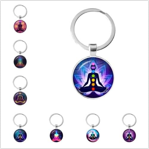 7 Chakra Jewelry Buddhism Indian Chakra Keychain Keyring Sacred Geometry Cabochon Glass Pendant Jewelry