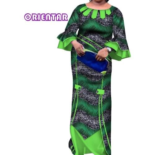 African Dresses for Women Casual Flare Sleeve Long Maxi Dress Cotton Women African Print Clothing Plus Size Anakra Dresse WY4154