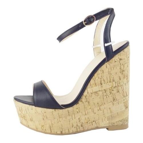 Dipsloot Summer Fashion Black Brown Open Toe Wedge Sandals Woman 150 mm Wood Heels Buckle Strap Platform Casual Sandals Shoes