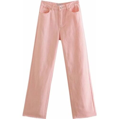 Dave&Di Mom England High Street Vintage Solid Pink Burrs Straight Loose High Waist Jeans Boyfriend Jeans Woman