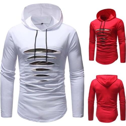 Mens Hooded T-Shirt Long Sleeve Solid Color Zipper Patchwork Pullover T-shirt with Holes Casual Slim Type Cotton