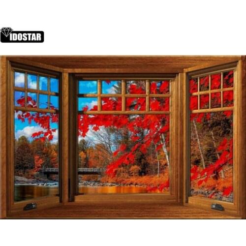 IOOSTAR 5D Diy Diamond Painting Cross Stitch full Square Diamond Embroidery Autumn window picture for room christmas Decor