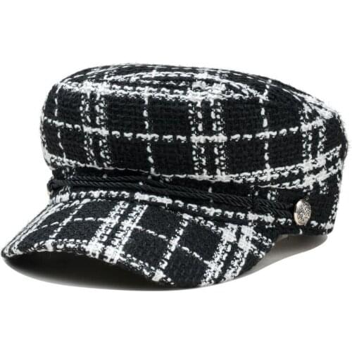 2018 Fashion Plaid Visor Military Hat Autumn and Winter Navy Wool Patchwork Beret Cap For Men Women England Style Flat Cap