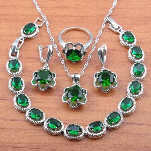Green Cubic Zirconia Silver Color Bridal Jewelry Set For Women Bracelet Earrings Necklace Pendant Rings JS0131
