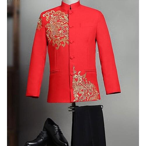 White red Blazer men Chinese tunic suit set with pants mens wedding suits singer stand collar stage clothing formal dress