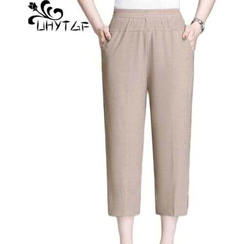 UHYTGF Mother Summer Pants Casual Ice Silk Thin Trousers Women Middle-Aged Elderly Loose Plus Size Pants Pantalones De Mujer2172