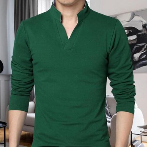 2021 Mens T-shirt Lapel Casual Short-sleeved Men T-shirt Solid Color Long Sleeve V Neck Slim Pullover Top for Spring for Male