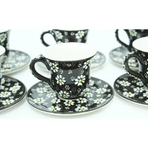 Handmade Tile Ceramic Daisy Pattern Coffee Cup Set - Black