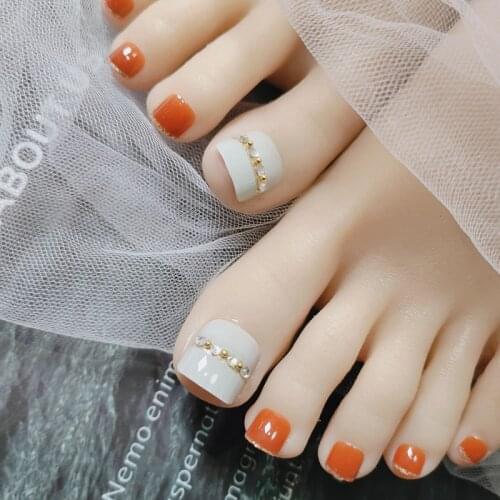 24pcs Fake Nails With Design Orange Gold Trim Decorative Toe Nail Sticker Finished Artificial Nails With Glue For Girls Daily DL