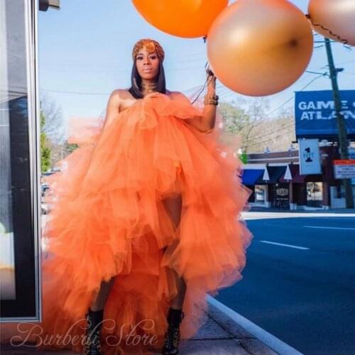 Hippie Style Orange Puffy Tulle Prom Gowns Formal Dress Ruffles Tiered Tulle High Low Chic Cocktail Party Dress Robe de soiree