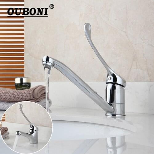 OUBONI Brass Long Handle Chrome Bathroom Basin Faucet Mixer Tap Deck Mounted Sink Medical hygiene Faucet Hot and Cold Faucet