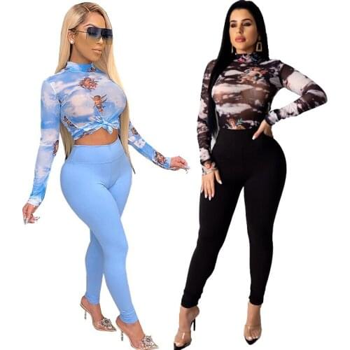 Print Casual Suits Round Neck Long Sleeve Slim TShirt & Sweatpant Pencil Trousers Two Piece Sets Women Outfits