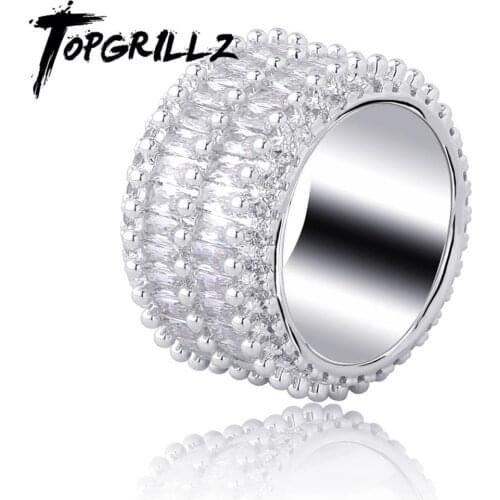 TOPGRILLZ 2 Row Solitaire Tennis Mens Ring Copper Charm Gold Silver Plated Baguette Cubic Zircon Iced Rings Hip Hop Jewelry