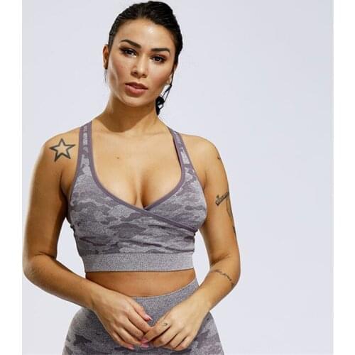 Comfy Wide Stripes Cross Back Sports Bra Women Seamless Camo Yoga Bra High Impact Sport Fitness Bra Top Shockproof Running Bra