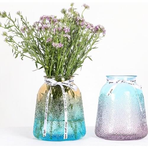 7-inch Colored Glass Vase Stria Flower Vase with Silk Belt Plant Vase Centerpiece Home Decorative Gradient Color Vase