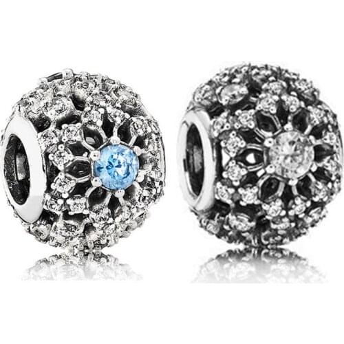 High Quality 925 Sterling Silver Wish Openwork Blue Snowflower Charm Beads Fit Pan Bracelets Bangles Diy Jewelry