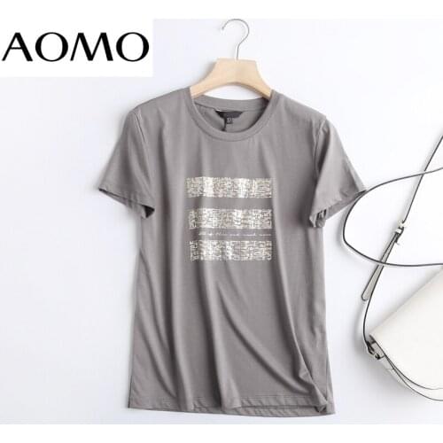 AOMO 2021 Women Gray Print Cotton T Shirt Short Sleeve O Neck Tees Ladies Casual Tee Shirt Street Wear Top 6D09A
