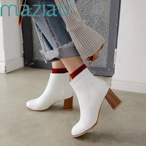 Womens Boots Winter Ladies Ankle Boots High Heels Boots Round Toe Metal Decoration Simple Shoes Women Chunky Heeled Boots MAZIAO