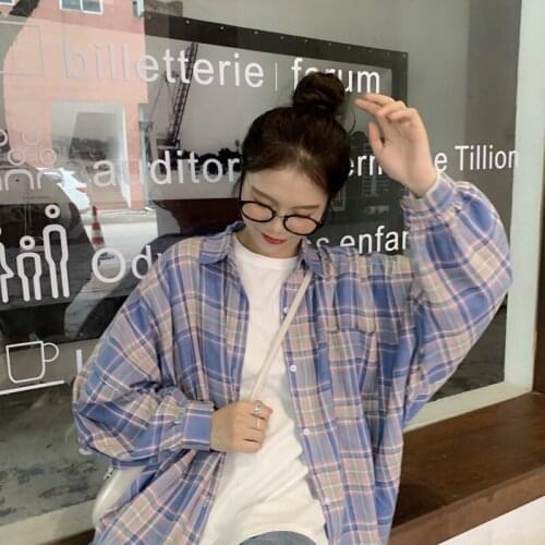 Womens Shirts Ulzzang Japanese Kawaii Ladies Vintage Loose Plaid Puff Sleeve Shirt Female Korean Harajuku Clothes For Women