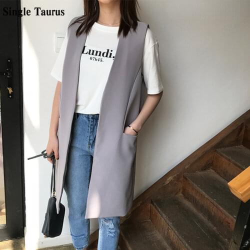 Korean Open Stitch Simple Women Coat Vests V-neck Fashion Office Lady Chalecos Para Mujer Grey Black Pockets Colete Feminino