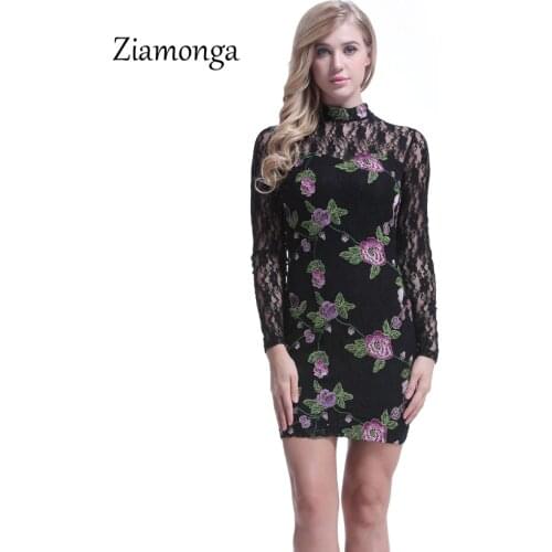 Ziamonga Long Sleeve Sexy Party Night Dresses Winter 2018 Women Long Sleeve Embroidery Mini Lace Dress Femininas Vestidos Curto