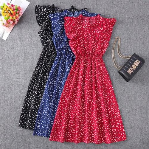 Summer Women Chiffon Dress Polka Dot Short Sleeve Party Sweet Slim A-Line Casual Elastic Waist Elegant Midi Dresses Robe Femme