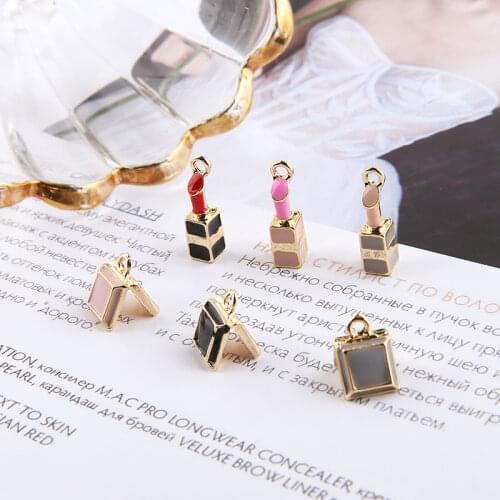 10pcs/pack 3D Make Up Tool Lipstick Mirror Enamel Charms Jewelry Earring Bracelets DIY Pendant Jewelry Making Golden Base