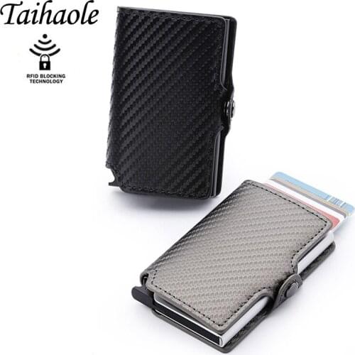 2020 RFID Fashion Mens Carbon Fiber Leather Credit Card Holder Automatic Aluminum Metal Cardholder Male Wallet Slim Case Purse