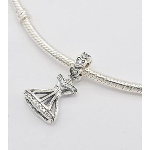925 Sterling Silver CZ Zircon Cute Princess Dress Shape Pendant Charm Bracelet DIY Jewelry Making For Original Pandora