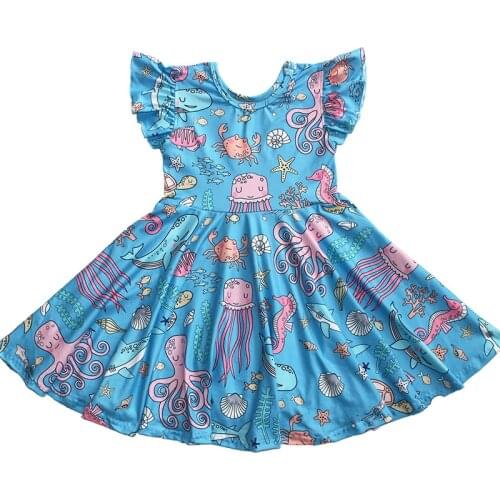 Summer New Style Kids Sea Animal Printed Twril Dress Children Blue Sea World Dress Baby Girls Milksilk Boutique Party Dresses