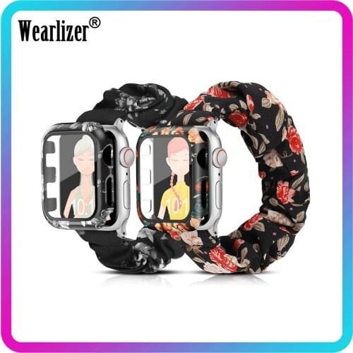 Wearlizer 2Pack Elastic Scrunchies Watch Strap With 2pcs Case for Apple Watch Band Printed Stretchy Watch Band for iWatch Series