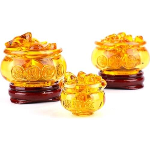 Feng Shui Chinese Crystal Gold Ingots Glass Yellow Wealth Cornucopia Treasure Bowl Statue Decoration