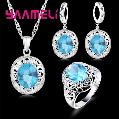 Trendy 925 Sterling Silver Cubic Zircon Ring Earring Necklace Jewelry Sets Women Valentines Gift Wedding Party Jewelry