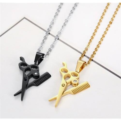 Stainless Steel Mens Gold Black Necklace Accessories Creative Party Jewelry Fashion Hairdresser Scissors Comb Pendant Necklace