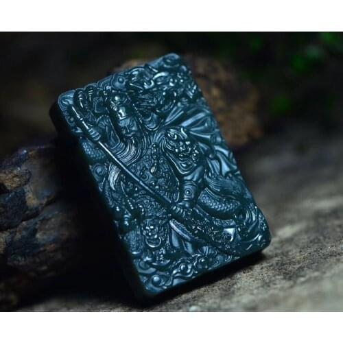 Natural Xinjiang Hetian Jade Green Level 1 Fine Guan Guan Wu Fortune Pendant hp391