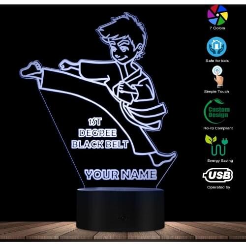 Boys Karate Night Light Celebrate 1ST Degree BLACK BELT Personalized Name LED Optical illusion Night Lamp Engraved Fighter Gift