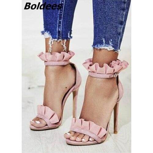 New Arrival Trendy Design Pink Thin Heel Sandals Fancy Women Ruffle Buckle Stiletto Heel Dress Sandals Sweet Date Shoes