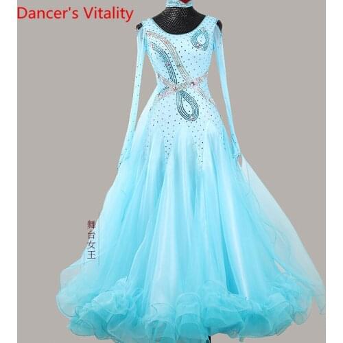 New Modern Dance Competition Costume Big Hem Ribbon Diamond Dress Ballroom National Standard Waltz Dancing Performance Outfits