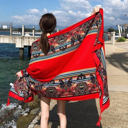 New Thickened Cotton Hemp Printed Ethnic Style Scarf Warm Womens Changeable Sunscreen Red Shawl Silk Scarf