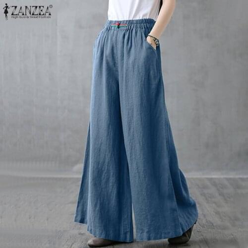 2021 Autumn Women Vintage Wide Leg Trousers Casual Elastic Waist Solid Long Harem Pants ZANZEA Female Loose Palazzo Pantalon