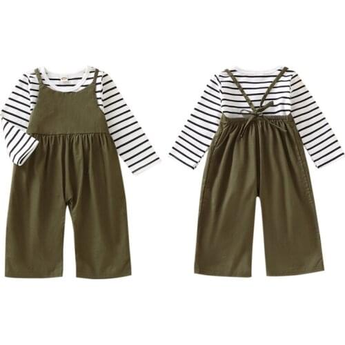 Autumn Baby Girls Set Long Sleeve Striped Print Blouse Tops Suspenders Pants Casual Outfits Set