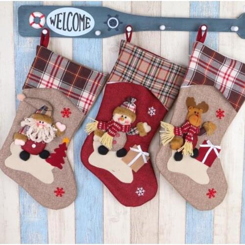 Christmas Stocking Plaid Santa Claus Sock Gift Bag Kids Xmas Noel Decoration Candy Bag Bauble Christmas Tree Ornaments Supplies