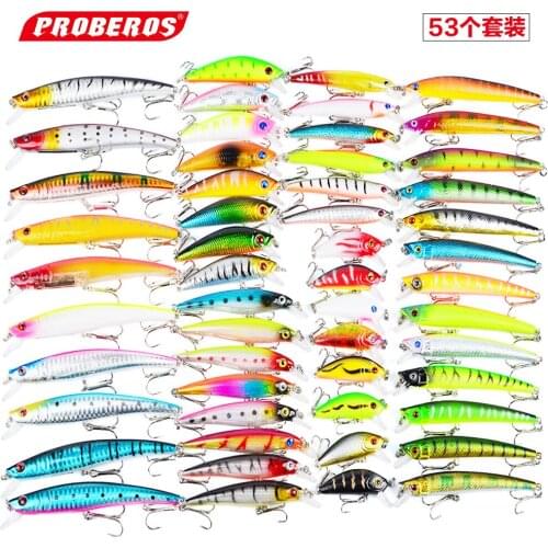 53pcs/Set Proberos Fishing Lure Plastic Bait Trout Sea Bass Minnow Crankbait Floating Artificial Fishing Tackle Free Shipping