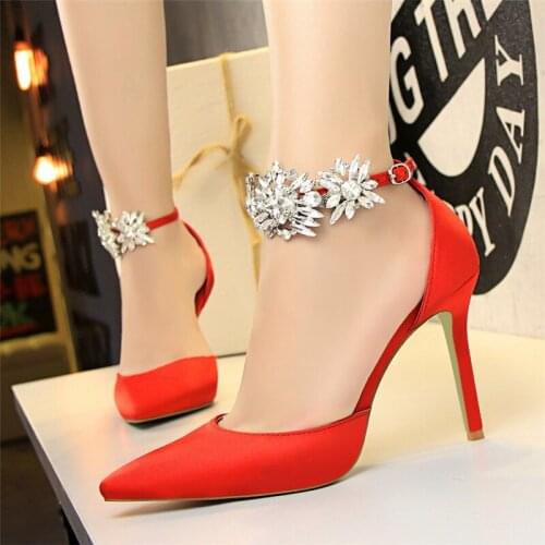 European And American Style High-Heeled Shoes Womens Stiletto High-Heeled Satin Hollow Shallow Pointed Toe Rhinestone Sandals