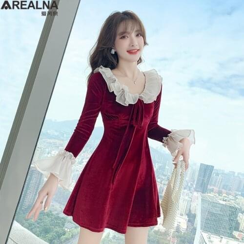 Vintage flare Sleeve Velvet Dress spring Long Sleeve Slim sexy V-Neck red Women Dress Elegant A Line Party Mini Dresses Female