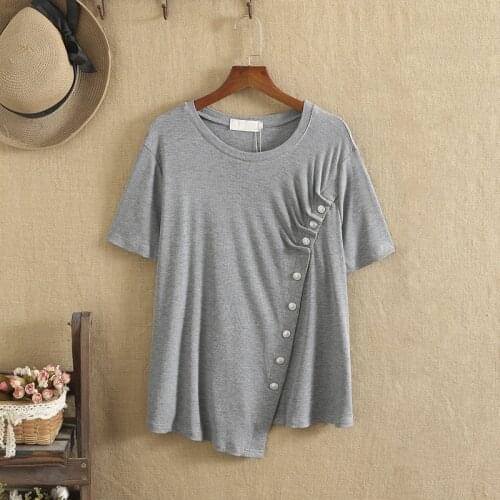 Plus Size Women Clothing O-Neck Knitted Cotton Short Sleeves Asymmetry Oblique Splice Buttonhole Large Size T-Shirt Summer Wear