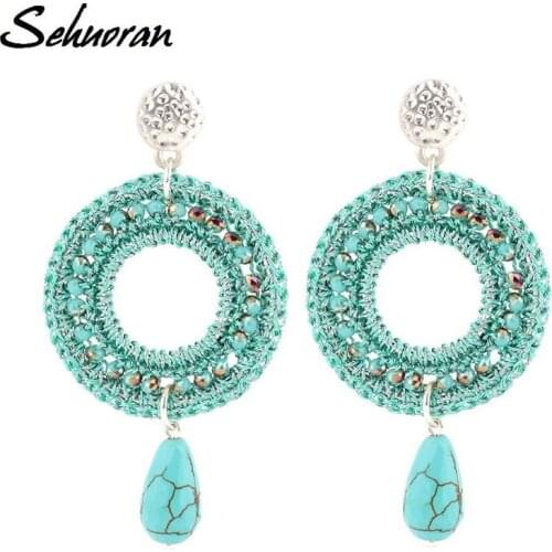 Sehuoran Dangle Earrings For Women Round Beads Handmade Vintage Bohemian Crystal Drop Earring Big Trendy Long Earrings
