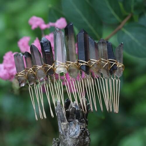 Gold Copper Wire Wrapped Natural Smoky Color Quartz Graduated Point Beads Hair Combs Women Crystal Haircombs Headband Jewelry