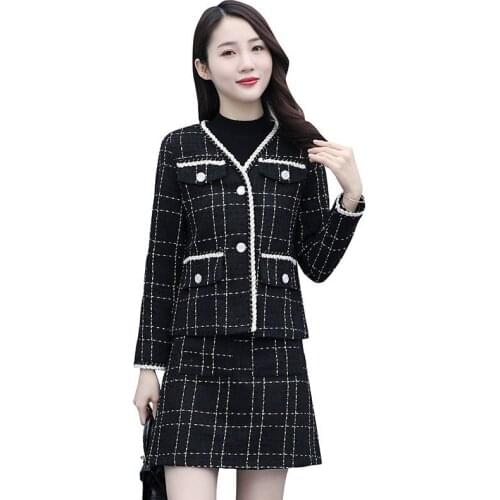 Plus Size 5XL Plaid Skirts Suits Girl Female Vintage Autumn Elegant Womens Sets Fashion Coat Half Skirt Two-Piece Suit Trend W5