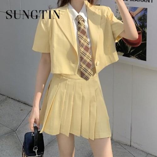 Sungtin Casual Sets Woman 4 Pieces Short Loose Blazers Regular Shirts Plaid Tie and Pleated Mini Skirts Summer Suits with Skirts
